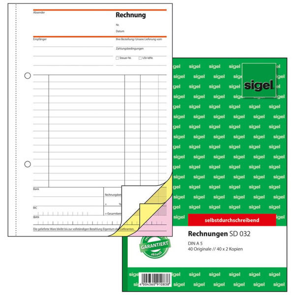 4004360910838 - SIGEL Kassenformulare Rechnung Rechnung A5 SD SD032 DIN A5 3x 40 Seiten