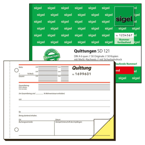 4004360973147 - SIGEL Quittung mit MwSt separat ausgewiesen mit fortlaufenden Nummern Formularbuch SD121 1 St