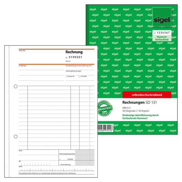 4004360972416 - Rechnungsbuch SD131 mit fortlaufender Nummerierung A5 hoch selbstdurchschreibend 4004360972416 Sigel