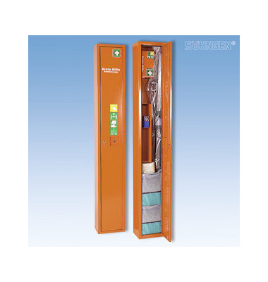 Erste-Hilfe-Schrank Safe orange gef&uuml;llt mit Trage + Erste-Hilfe-Koffer