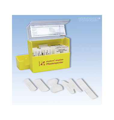 Aluderm Pflasterspender aluplast gelb gefüllt 160x122x57mm 90 Pflaster Aluderm Pflasterspender aluplast gelb gefüllt 160x122x57mm 90 Pflaster