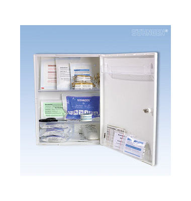 Erste-Hilfe-Schrank Berlin wei&szlig; gef&uuml;llt DIN 13157