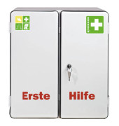 Erste-Hilfe-Schrank Rom wei&szlig; gef&uuml;llt DIN 13169