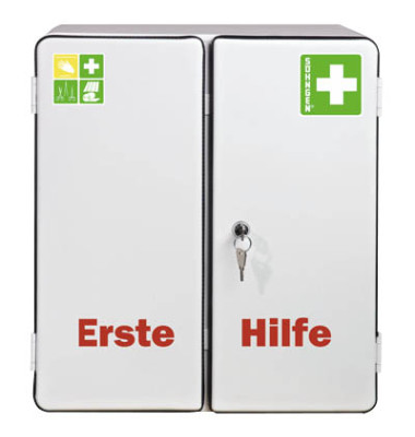 Erste-Hilfe-Schrank Rom wei&szlig; gef&uuml;llt DIN 13169