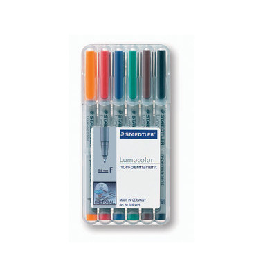 Folienstifte-Set Lumocolor, 316 WP6, 6-farbig sortiert, 0,6mm, Rundspitze, teils nachf&uuml;llbar