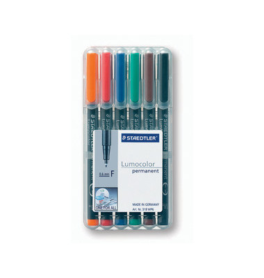 Folienstifte-Set Lumocolor, 318 WP6, 6-farbig sortiert, 0,6mm, Rundspitze, teils nachf&uuml;llbar