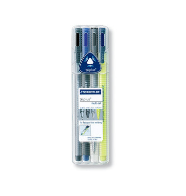 Fineliner-Set triplus 334, 34SB4, schwarz, blau, grau, gelb (Schreibfarbe: 4-farbig sortiert), Fine-0,3mm, Kugelschr.-0,45mm, Dr
