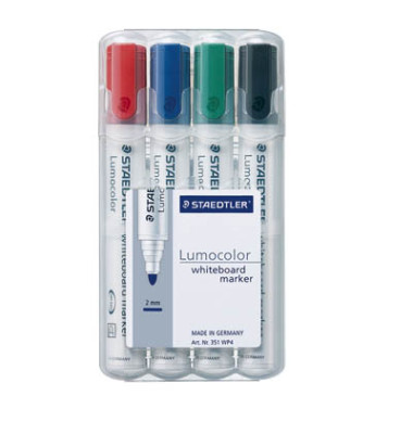 Boardmarker-Set Lumocolor 351, 351-WP4, Etui, rot, blau, gr&uuml;n, schwarz, 2mm Rundspitze