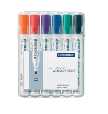 Boardmarker-Set Lumocolor 351, 351-WP6, Etui, rot, blau, gr&uuml;n, schwarz, orange, violett, 2mm Rundspitze