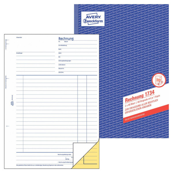 4004182017340 - AVERY Zweckform Kassenformulare Rechnung Rechnung A4 SD 1734 DIN A4 2x 40 Seiten