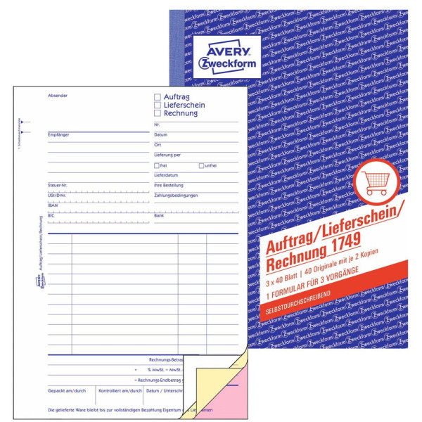 4004182017494 - AVERY Zweckform Kassenformulare Auftrag Lieferscheine  Rechnungen Auftrag Lieferschein Rechnung 1749 DIN A5 3x 40 Seite