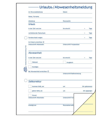 Urlaubs- und Abwesenheitsmeldung A5 2x40 Blatt selbstduchschreibend