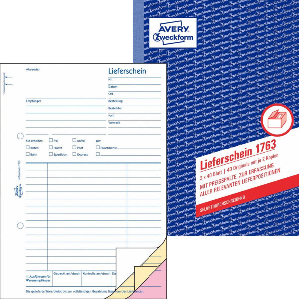 10 Stück AVERY Zweckform Lieferschein 1763 A5 selbstdurchschreibend 3 x 40 Blatt 4004182017630 AVERY Zweckform