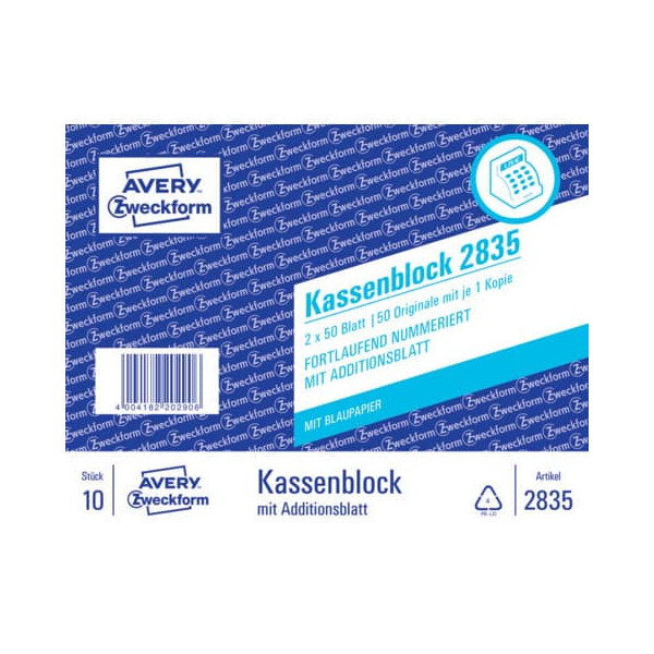 10 Stück AVERY Zweckform Kassenblock 2835 A6 2x50 Blatt 4004182028353 AVERY Zweckform