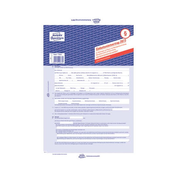 5 Stück AVERY Zweckform Formular Einheitsmietvertrag A4 2fach selbstdurchschreibend 4004182028735 AVERY Zweckform