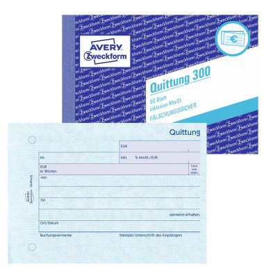Quittung 300 - Quittung inkl. MwSt., DIN A6 quer, f&auml;lschungssicher, 50 Blatt, wei&szlig;