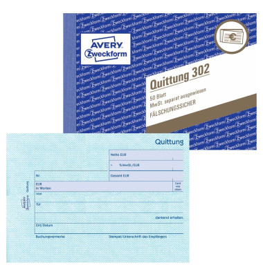 Quittung 302 mit MwSt. A6 50 Blatt