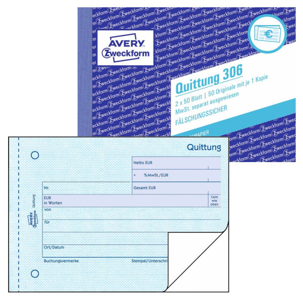 4004182003060 - Quittung Formular Papierformat din A6 quer Anzahl der Blätter 2 x 50 Bl - Avery Zweckform
