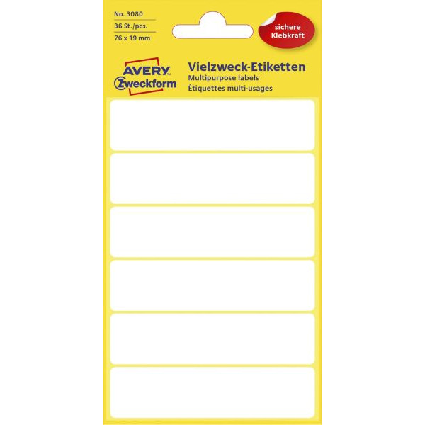 10 Stück AVERY Zweckform Etiketten 3080, weiß, 76x19mm, rechteckig 4004182030806 AVERY Zweckform 36 Stück