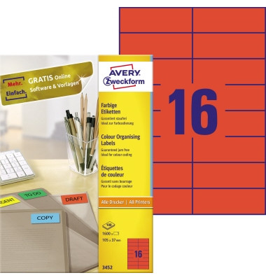 Etiketten 3452, rot, 105x37mm, rechteckig