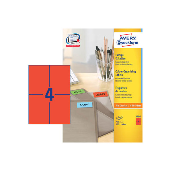 4004182034569 - AVERY Zweckform Laser Universaletiketten 3456 Selbsthaftend DIN A4 Rot 105 x 148 mm 100 Blatt à 4 Etiketten