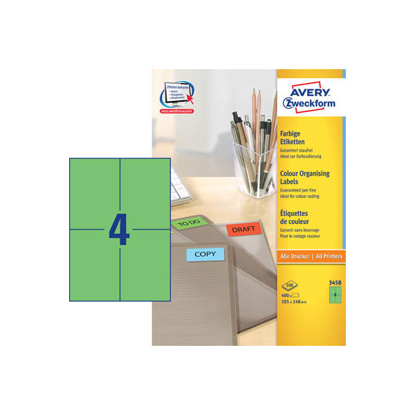 4004182034583 - AVERY Zweckform Universaletiketten 3458 Selbsthaftend DIN A4 Grün 105 x 148 mm 100 Blatt à 4 Etiketten