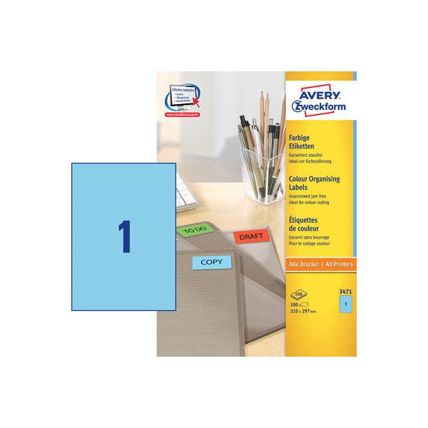 4004182034712 - AVERY Zweckform Universaletiketten 3471 2100 x 2970 mm Blau 100 Stück