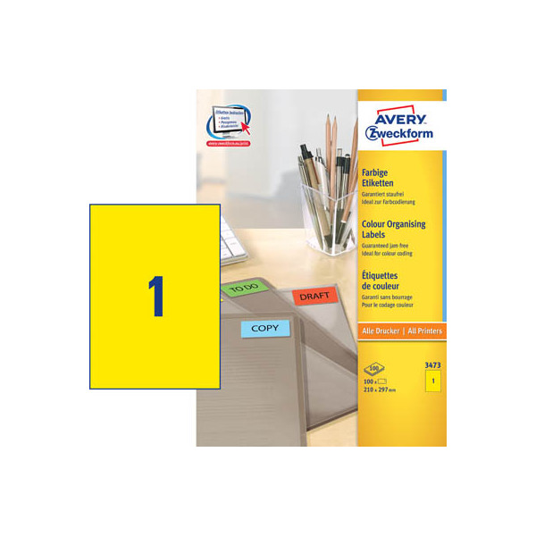 4004182034736 - AVERY Zweckform Universaletiketten 3473 Selbsthaftend DIN A4 Gelb 210 x 297 mm 100 Blatt à 1 Etiketten