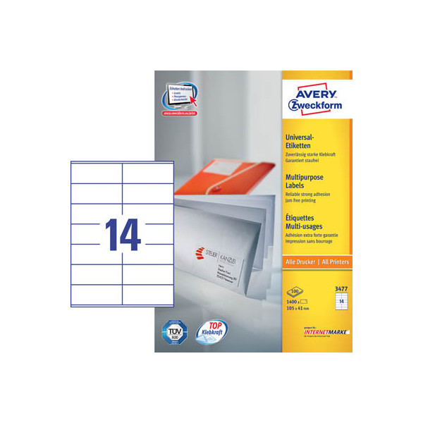 4004182034774 - AVERY Zweckform UltraGrip Universaletiketten 3477 Selbsthaftend DIN A4 Weiß 105 x 41 mm 100 Blatt à 14 Etiketten