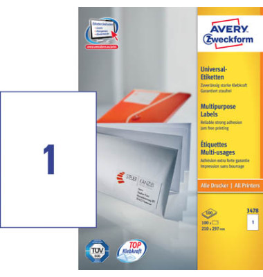 Etiketten ultragrip 3478, weiß 210x297mm, rechteckig, 