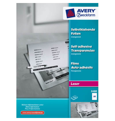 Kopierfolie 3480, A4, für S/W-Laserdrucker, Farb-Laserdrucker, S/W-Kopierer, Farb-Kopierer, 0,14mm, selbstklebend, transparent 