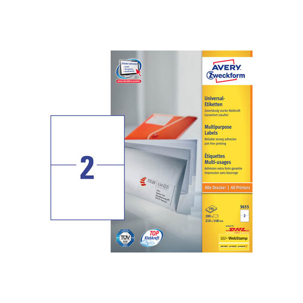 4004182036556 - 3655 Universal-Etiketten 210 x 148 mm Papier Weiß 200 St Permanent haftend Tintenstrahldrucker Laserdrucker Farblaserdrucker Kopierer