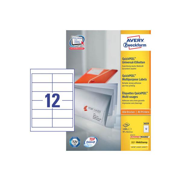4004182036594 - AVERY Zweckform Abziehhilfe QuickPEELultragrip Mehrzwecketiketten 3659 Selbsthaftend DIN A4 Weiß 97 x 423 mm 100 Blatt à 12 Etiketten