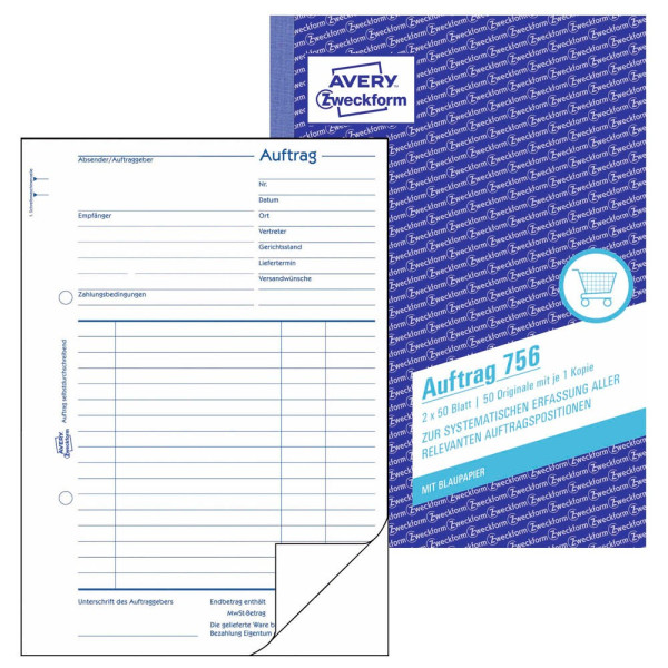 4004182007563 - Auftragsformular din A5 60g m² nicht selbstdurchschreibend 1 Durchschlag handschriftlich weiß 2 x 50 Bl - Avery Zweckform