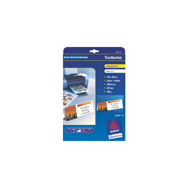 AVERY Zweckform Tischkarten blanko auf A4 Bogen 185g weiß 110x40mm 4004182242896 AVERY Zweckform 100 Stück