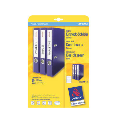 R&uuml;ckenschilder C32266-25, wei&szlig;, schmal/kurz, 30x190mm, einsteckbar