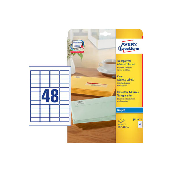 4004182047200 - AVERY Zweckform Abziehhilfe QuickPEEL Adressetiketten J4720-25 Selbsthaftend DIN A4 Transparent 457 x 212 mm 25 Blatt à 48 Etiketten