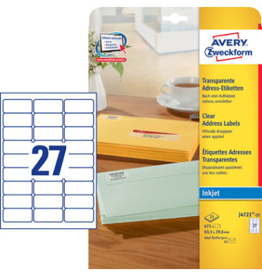 J4721-25 transparente Adress Etiketten 63,5 x 29,6 mm