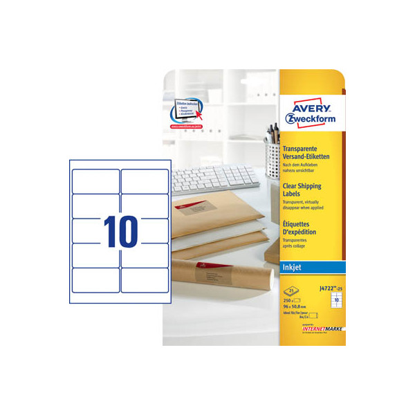4004182047224 - AVERY Zweckform Abziehhilfe QuickPEEL Versandetiketten J4722-25 Selbsthaftend DIN A4 Transparent 96 x 508 mm 25 Blatt à 10 Etiketten