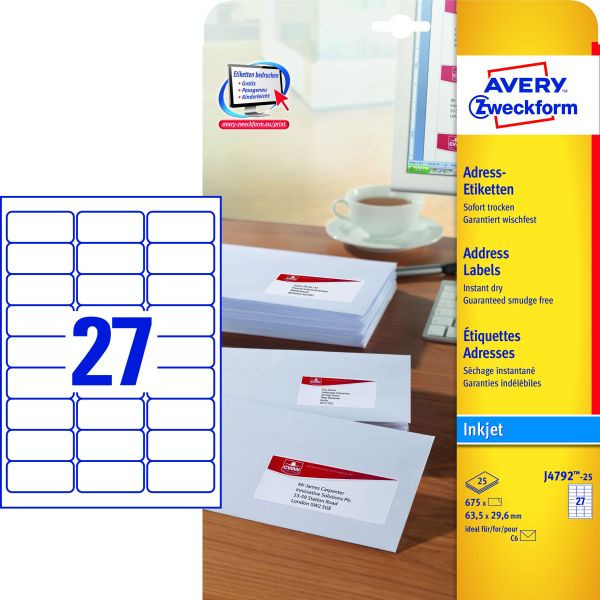 4004182047927 - AVERY Zweckform J4792-25 Etiketten DIN A4 Weiß 635 x 296 mm 25 Blatt à 27 Etiketten