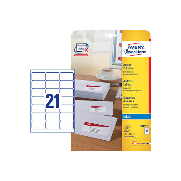 4004182235324 - Adressetiketten J8160-25 geeignet für Inkjetdrucker 635 x 381 mm 525 Stück 25 A4-Bogen 100 % FSC®-Papier weiß