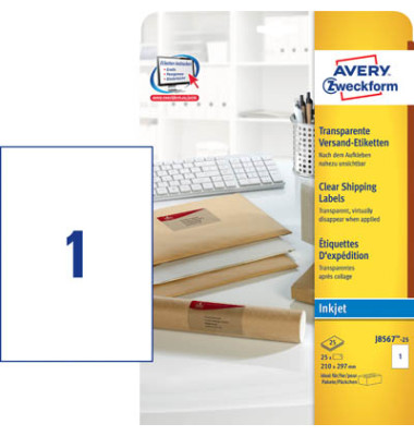 J8567-25 transparente Versand Etiketten 210 x 297 mm