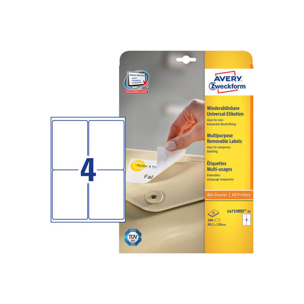 4004182047330 - AVERY Zweckform L4733REV-25 Ablösbare Universaletiketten DIN A4 Weiß 991 x 139 mm 30 Blatt à 4 Etiketten