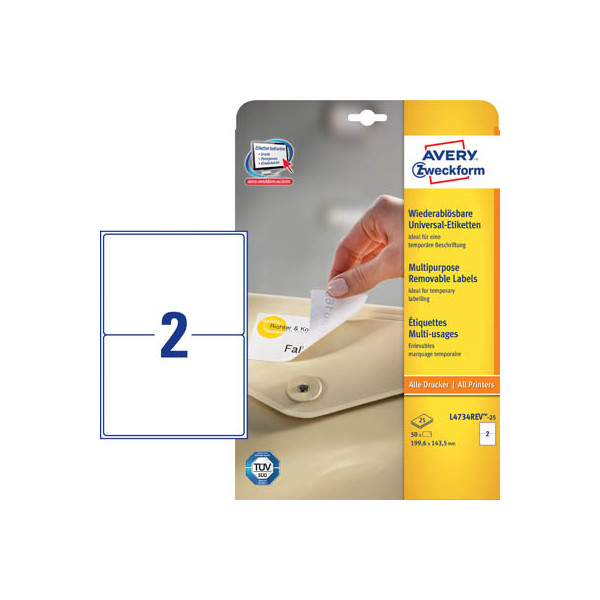 4004182047347 - AVERY Zweckform L4734REV-25 Ablösbare Universaletiketten DIN A4 Weiß 1996 x 1435 mm 30 Blatt à 2 Etiketten