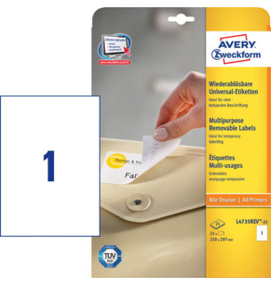 Etiketten L4735REV-25 210 x 297 mm weiß 25 Stück ablösbar Etiketten L4735REV-25 210 x 297 mm weiß 25 Stück ablösbar