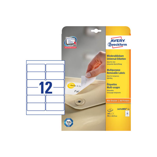 4004182047439 - AVERY Zweckform L4743REV-25 Ablösbare Universaletiketten DIN A4 Weiß 991 x 423 mm 30 Blatt à 12 Etiketten