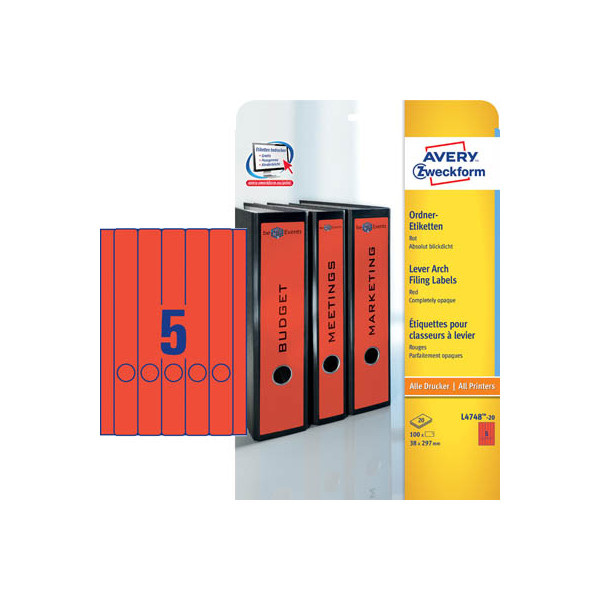 4004182047484 - selbstklebende Rückenschilder ultragrip L4748-20 rot schmal lang 38x297mm (BxH) selbstklebend permanent  4004182047484 AVERY Zwe 100 S