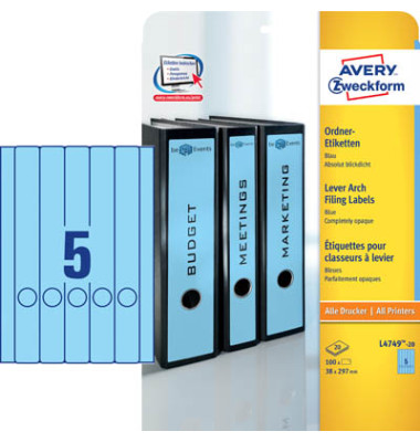 R&uuml;ckenschilder ultragrip L4749-20, blau, schmal/lang, 38x297mm, selbstklebend, permanent 