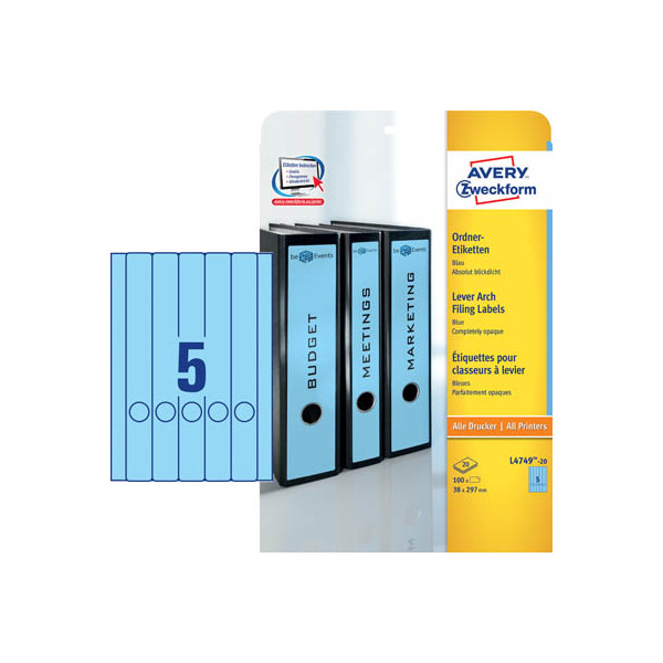 4004182047491 - selbstklebende Rückenschilder ultragrip L4749-20 blau schmal lang 38x297mm (BxH) selbstklebend permanent  4004182047491 AVERY Zw 100 S