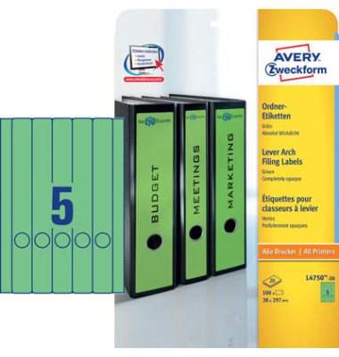 R&uuml;ckenschilder ultragrip L4750-20, gr&uuml;n, schmal/lang, 38x297mm, selbstklebend, permanent 